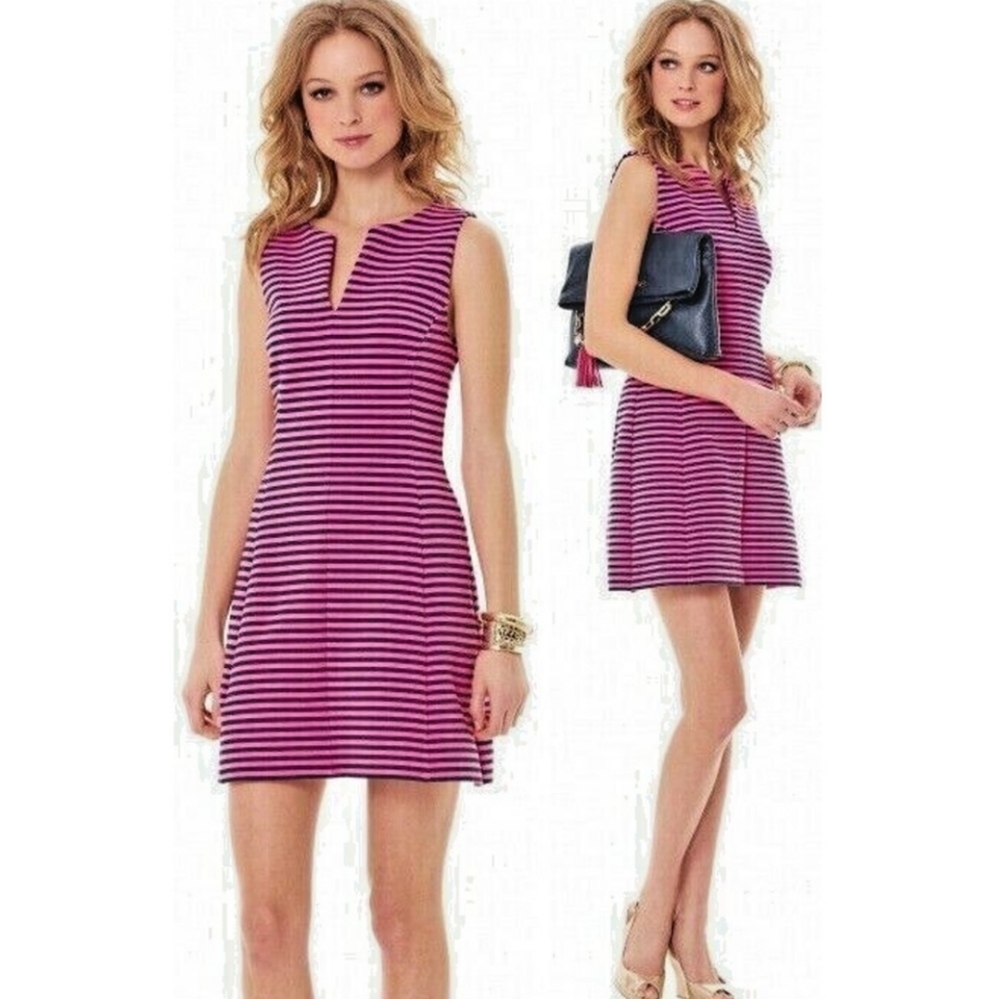 Lilly Pulitzer Brielle Dress Size XS Hotty Pink Blue Ottoman Striped Fit & Flare